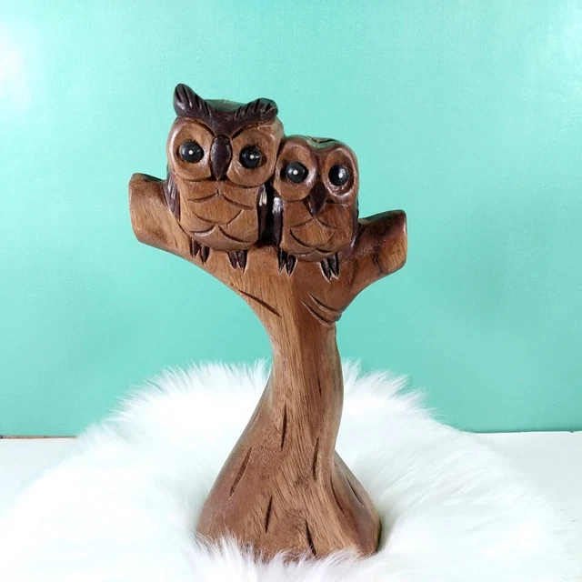 WOODEN OWLS Wood Carved Handmade Collectible Gift Home Decor 10" High So Cute #2