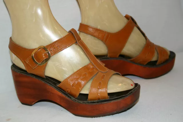 Sz 6.5 NOS VTG 1970s CiRanno Shoe Gold Brown Leather PLATFORM WEDGE HEEL SANDAL