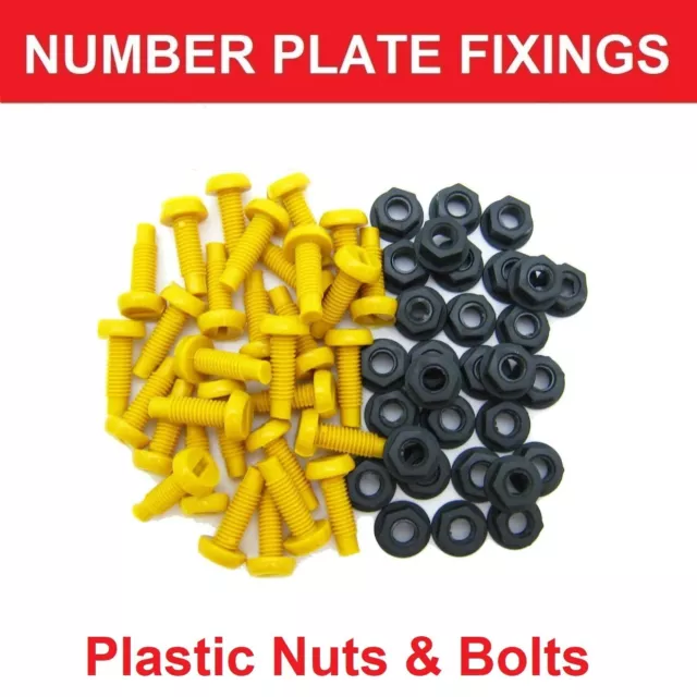 100 Pack Yellow Plastic Number Plate Screws & Black Nuts Bolts Fixings Fittings