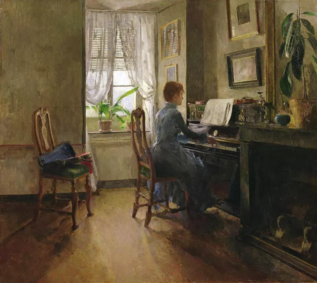 Charming Oil painting young player nice woman playing piano in room by window