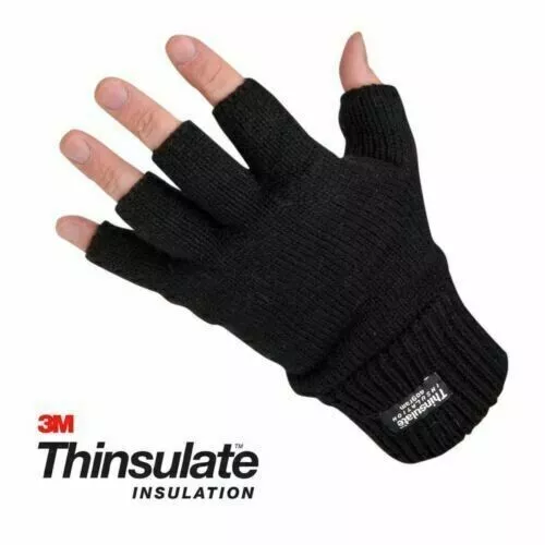 Gloves Thermal Thinsulate Fingerless Knitted Wooly 3M Black Mens Ladies - L/Xl