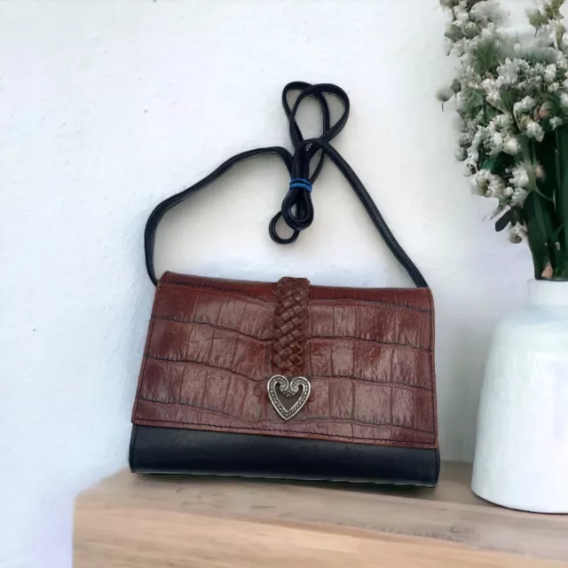 BRIGHTON Black Brown Leather Croc Crossbody Wallet Organizer Cell Bag Purse
