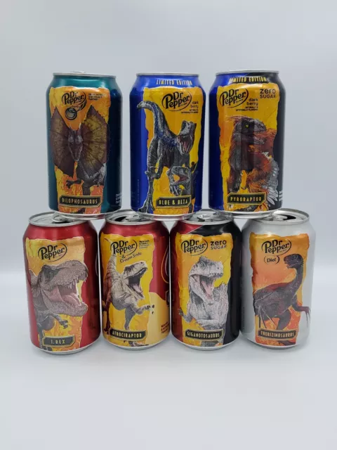 7) 2022 EMPTY DR Pepper Cans Dark Berry Zero Sugar Jurassic World DOMINION Promo