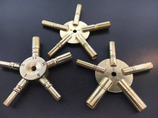 Universal Brass Clock Winding Keys 5 Prong Set of 3 Odd, Even and Hi/Low Sizes
