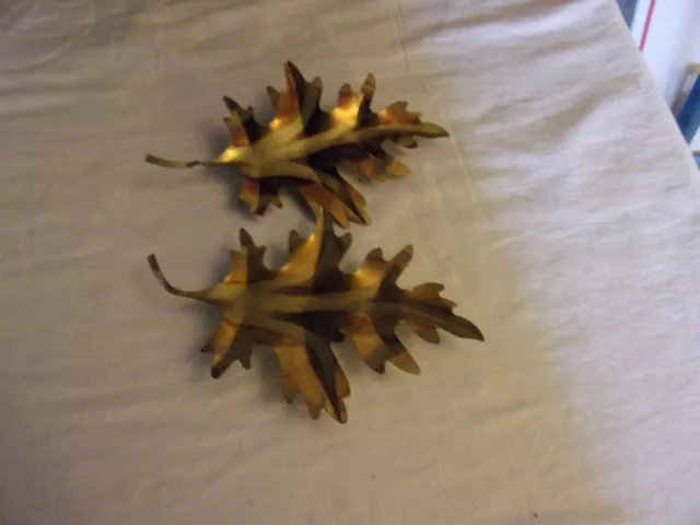 Matching Pair of 2 Gold Leaf Shape Antique Tin Curtain Tie Backs