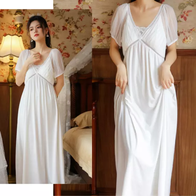 Damen Schlafanzüge Kleid V-Ausschnitt Nachthemd Spitze Durchsichtig Ärmel Langes 3