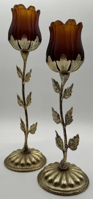 Vintage Pair Gold Gilt Floral Votive Candle Holder Hollywood Regency Amber Glass 2