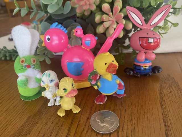 Lote de 6 Juguetes Vintage Cesta de Pascua Huevo Pollitos Años 60 70 Plástico Madera Retro Minis