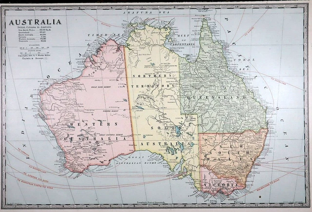 Old 1898 Atlas Map ~ AUSTRALIA w/ OEAN ROUTES ~ Free S&H
