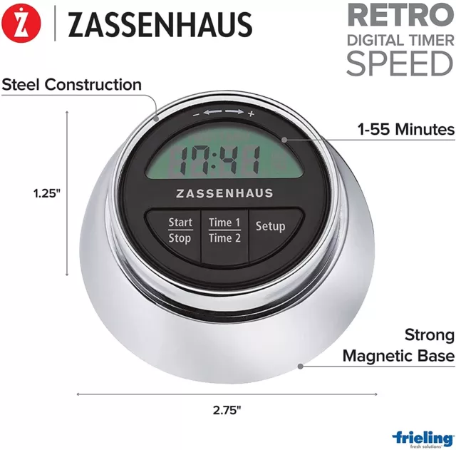 Zassenhaus Magnetic Retro Digital Kitchen Timer Speed 55 Minute 2.75-Inch Silver