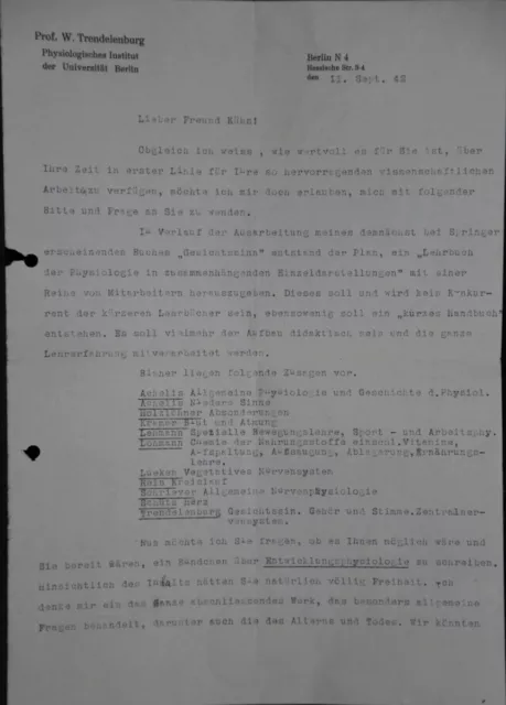 Wilhelm Trendelenburg (1877-1946) Maschinenschriftlicher Brief 2 Pagine 1942