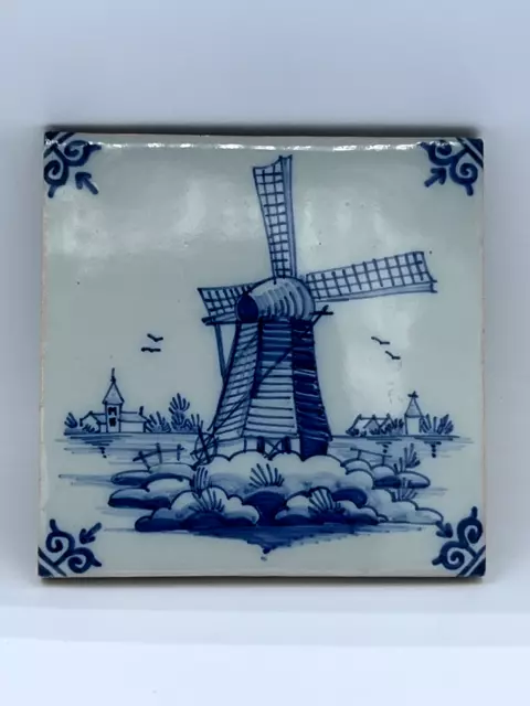 Antique TILE MAKKUM Tichelaar Delft Holland Windmill blue