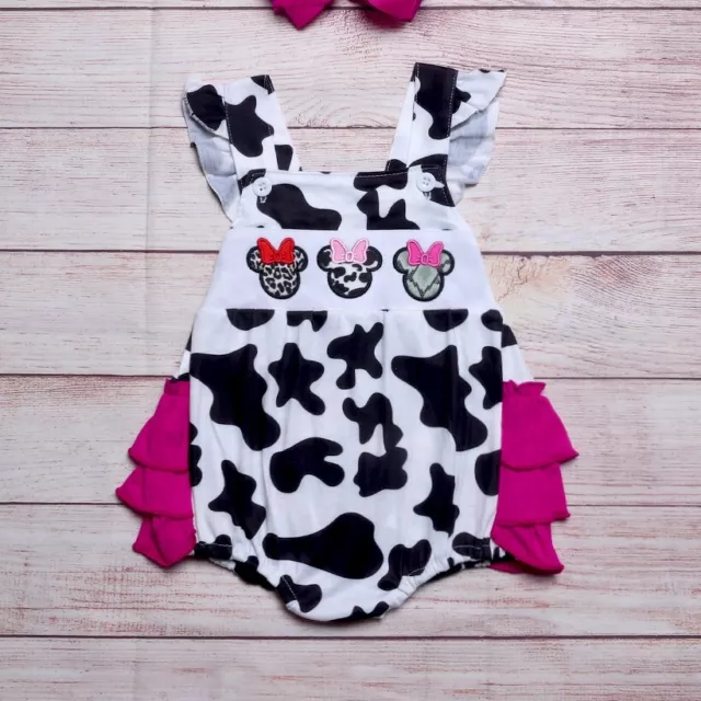 NEW Boutique Minnie Mouse Baby Girls Animal Cow Print Ruffle Romper Jumpsuit