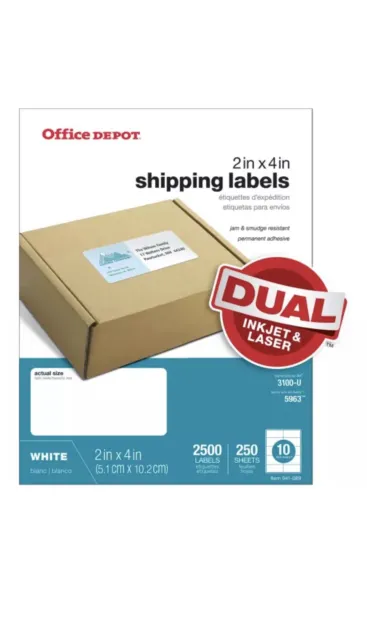 Office Depot Laser Shipping Labels, 505-O004-0020, 2" x 4", White, 2500-Pack