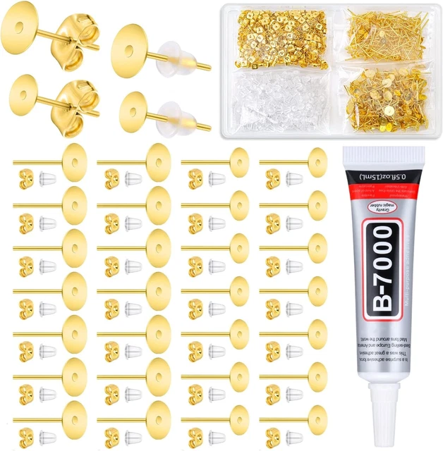 Jewelry Glue with Hypoallergenic Earring Posts and Backs, 1002Pcs Gold Steel Ear