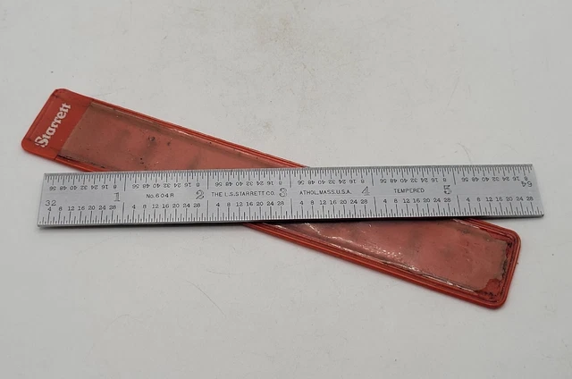 Starrett No. 604R, 6" Rigid Scale, Tempered Steel, Red Sheath