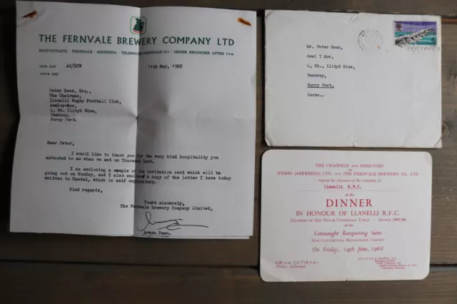 Llanelli Rugby Football Club 1968 Dinner Invitation + Letter Cardiff Scarlets