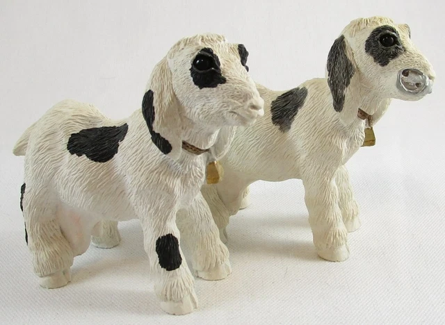 Lot of 2 Stone Critters White w Black Patches Goat Figurines, United Design Corp