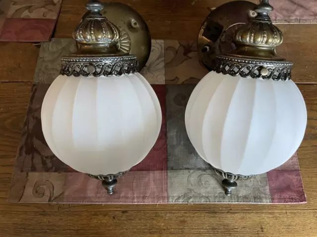 Pair Vtg Ribbed Glass Wall Sconce Light Fixture Ball Globe Mid Century Modern