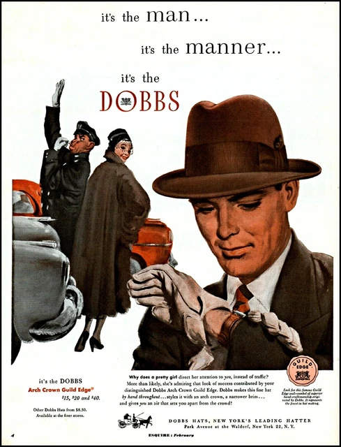 1951 Traffic cop woman in fur Dobbs hats man cars vintage art print ad adL62
