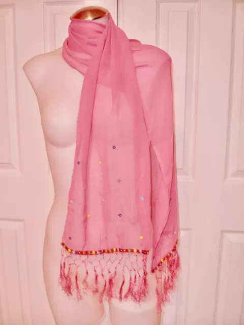 Elaine Gold For Collection XIIX Sheer Pink Long Beaded Wrap, Scarf  Fringe