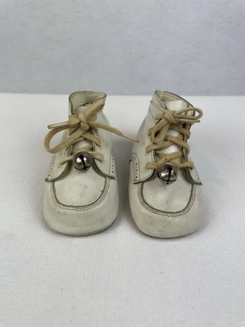 Vintage 50s 60s Baby Beaver Leather Shoes White Soft Soles with Bells
