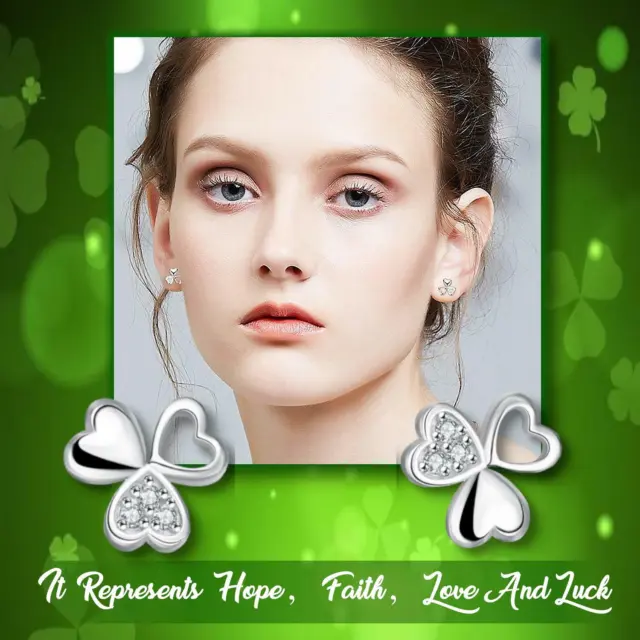 Shamrock Style Ear Studs 925 Sterling Silver Plated CZ Inlaid Heart Leaf Earring