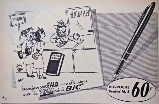 Publicité De Presse 1953 La Vraie Pointe Bic - Banque - Effel - Advertising