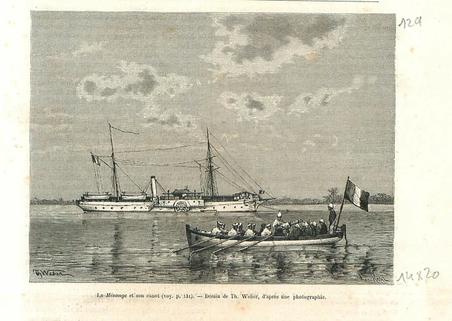 La Mésange et son canot de la marine française en Guinée Afrique GRAVURE 1889