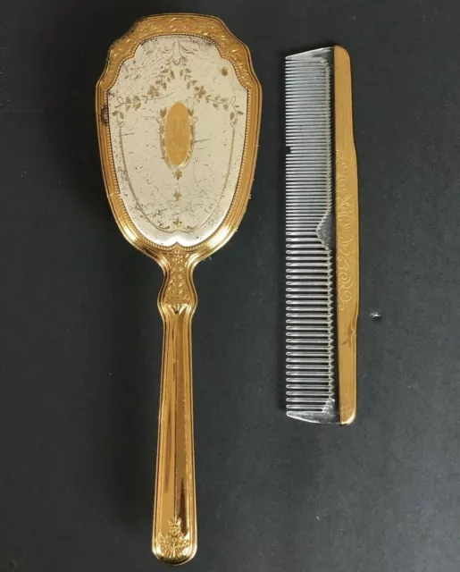 Vintage Comb Brush Vanity Set Gold Aged Patina Scratches Aging