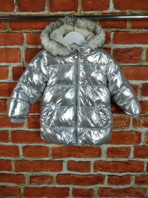 Baby Girls Coat Age 12-18 Months Matalan Silver Padded Puffer Jacket Winter 86Cm