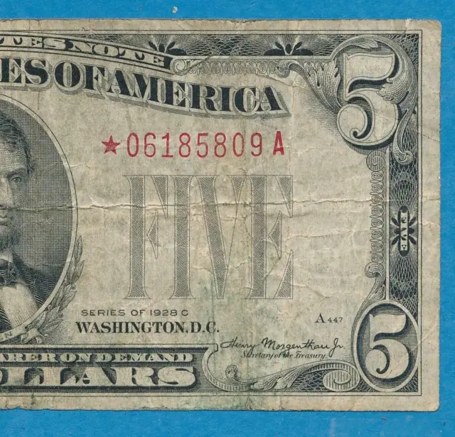 $5.00 1928-C Star  Red Seal Legal Tender  United States Note
