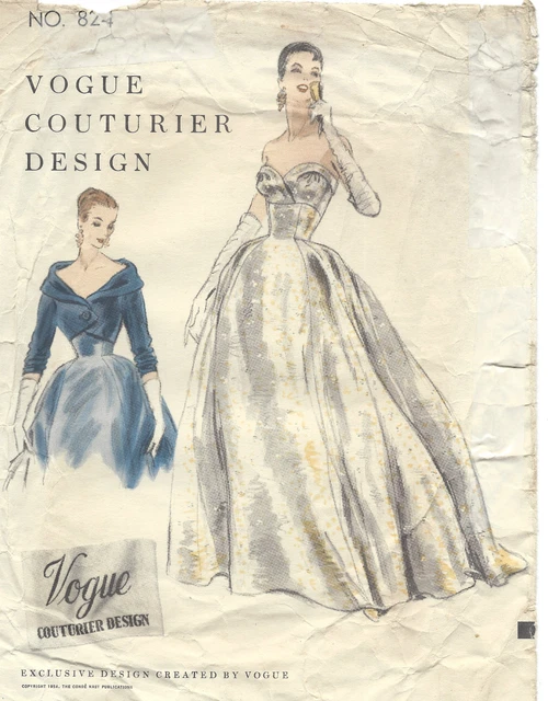 1954 Vintage VOGUE Sewing Pattern B32 DRESS EVENING GOWN BOLERO JACKET (1365)