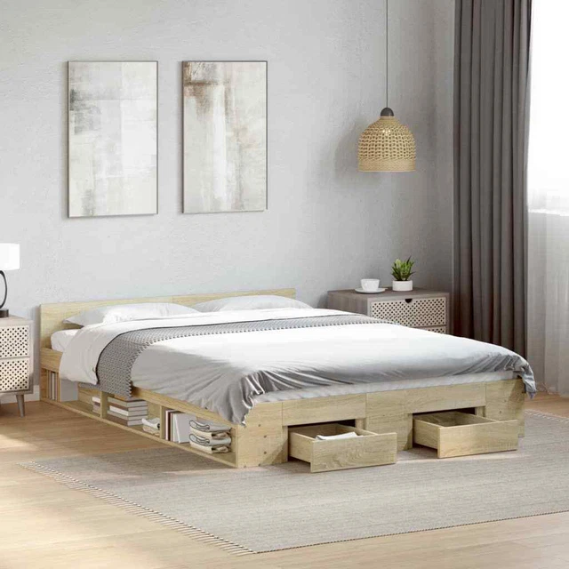 Cadre De Lit 140x200 Cm En Chêne Sonoma - Avec Tête De Lit, Sommier Lattes, Sans Matelas