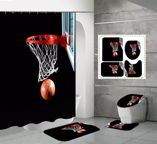 Basketball Shot Waterproof Shower Curtain Bathroom Bath Mat Toilet Cover Mat Set