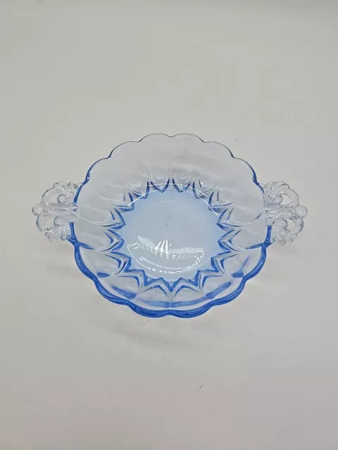 VTG Blue Glass Handled Bonbon Serving Bowl New Martinsville Janice Blue