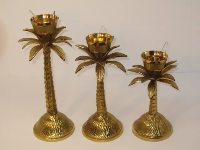 Vintage Hollywood Regency Style Brass Palm Tree Candlesticks Set of 3 Rare