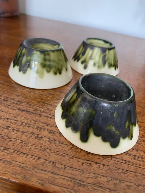 X 3 Studio Pottery Eggcups Green Black Drip Glaze Cornish?