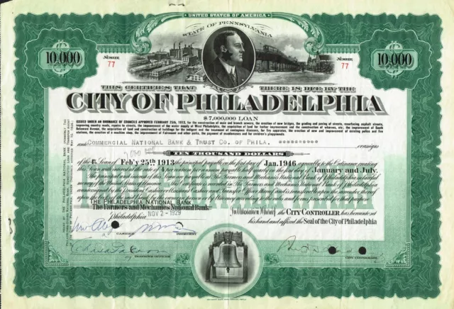 USA CITY OF PHILADELPHIA LOAN  stock certificate/bond $10,000