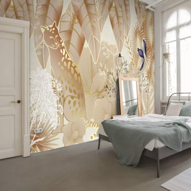 144x100 Zoll Luxus Schlafzimmer Wandbild TAPETE Jaguar Pflanzen Dschungel Gold Weiß