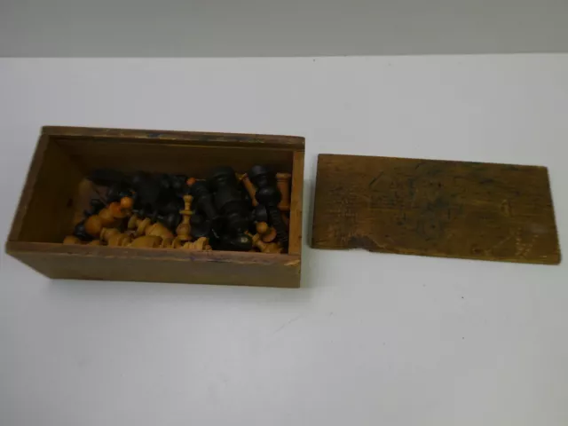 Old Wooden Carved Boxwood Chess Set In Original Timber Box Case