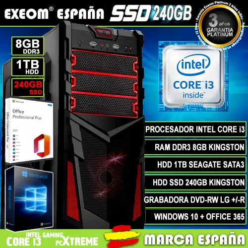 Ordenador Gaming Pc Sobremesa Intel Core i3 8GB 1TB SSD 240GB Windows 10 Office