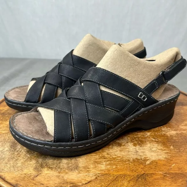 Natural Soul Sandals Womens 9 M Black Leather Slingback Open Toe Comfort Wedge