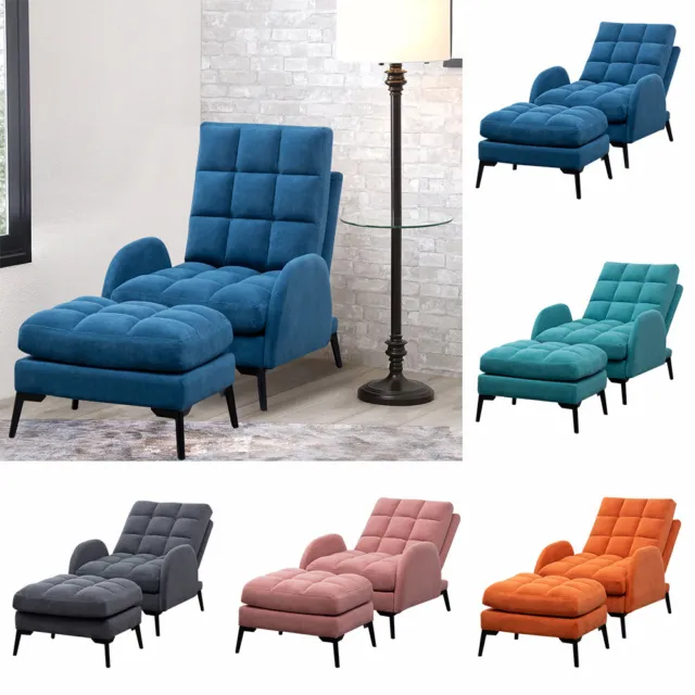 Adjustable Velvet Sleeper Recliner Lounge Chair Cube Back Armchair w/Footstool
