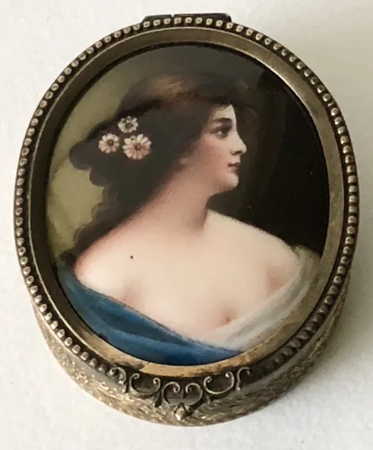 Old French Ormolu Bronze Box Hand Painted Porcelain Portrait Plaque Lady in Blue