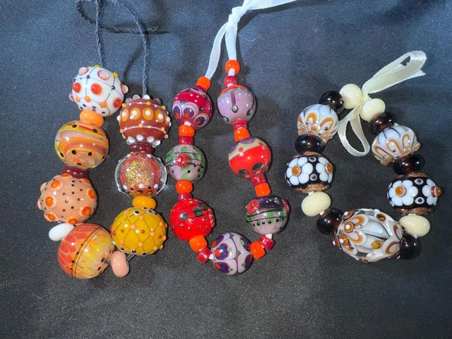 M716) New Lot 3 Handmade Unnamed Lampwork Brown Red Art Glass Bead Strings