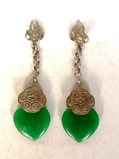 Collection Chinese Tibet Silver Jadeite Jade Inlay Carving Bat Earrings Pendant