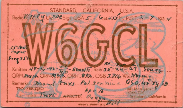 1934 W6GCL Standard California Ham Radio Amateur QSL Card Postcard Vtg