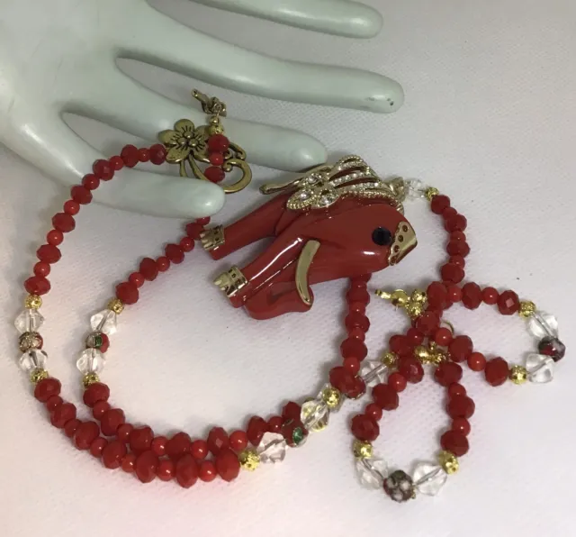 Gorgeous Necklace Featuring A Magnificent Red Elephant Pendant And Red Coral
