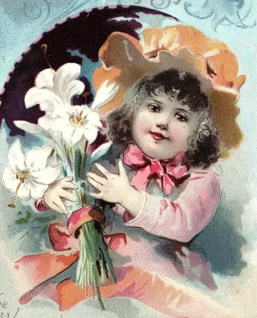 1894 Easter Greetings Lion Coffee Woolson Spice Co. Mocha Java Rio Girl Lillies